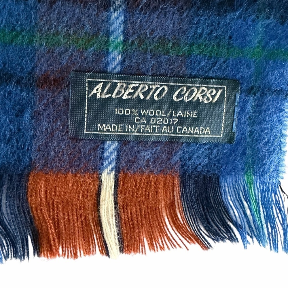 ALBERTO CORSI Blue & Brown Plaid 100% Wool Fringe Scarf one size